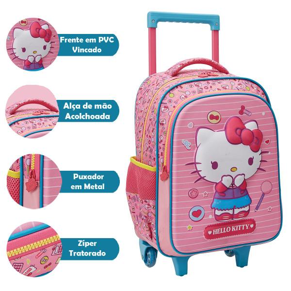 Imagem de Kit Mochila Carrinho Hello Kitty Alto Relevo Escolar Meninas