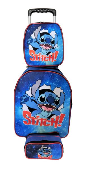 Imagem de Kit Mochila Carrinho Infantil Escolar - Stitch Azul Menino