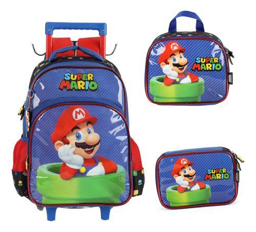 Imagem de Kit Mochila Carrinho Lancheira Estojo Original Super Mario