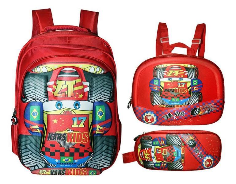 Imagem de Kit Mochila Carros 3D Meninos Infantil Lancheira Costas Esto