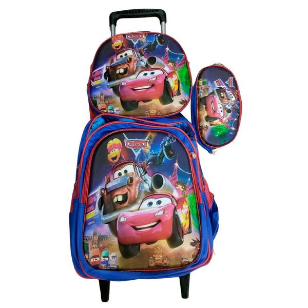 Imagem de Kit Mochila com Rodinhas Infantil Carros em 3D + Lancheira Térmica + Estojo Escolar