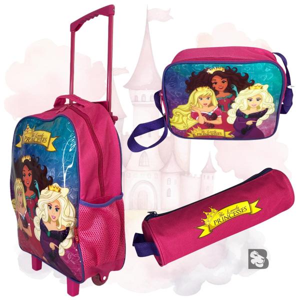 Imagem de Kit Mochila Com Rodinhas Lancheira Térmica e Estojo Escolar 3 peças Princesas Rosa ou Roxo Infantil