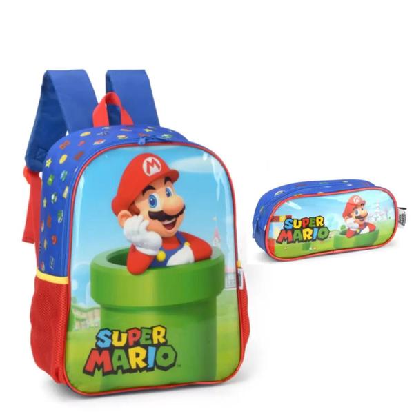 Imagem de Kit Mochila Costas Super Mario com Estojo Azul  Luxcel