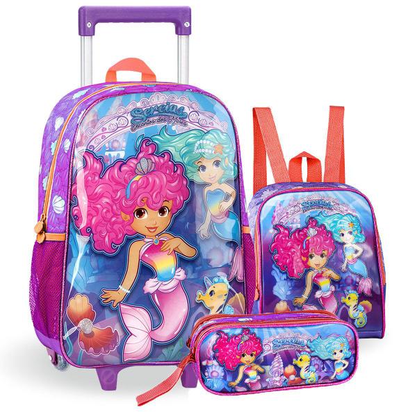 Kit Mochila de Carrinho Sereia Infantil Princesas Rodinhas Menina Escolar Kit Mochila de Carrinho Sereia Infantil Princesas Rodinhas Menina Escolar