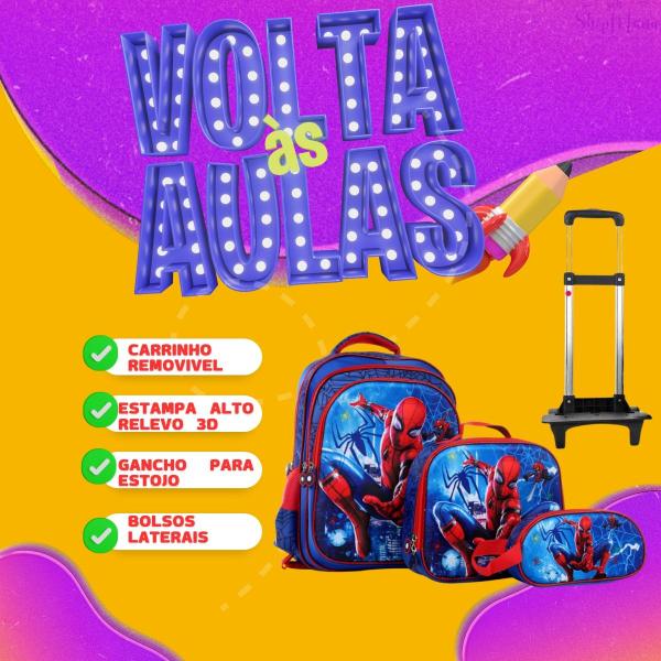 Imagem de kit mochila de rodinha e costas escolar infantil varios personagens aranha menino menina espaçosa resistente estojo lancheira termica