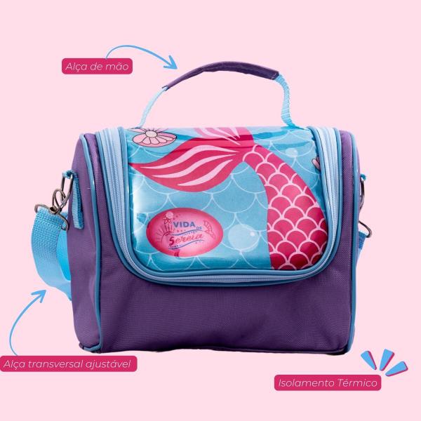 Imagem de Kit Mochila de Rodinha Escolar Sereia Infantil Feminino + Lancheira Transversal + Estojo Duplo Menina Cristal