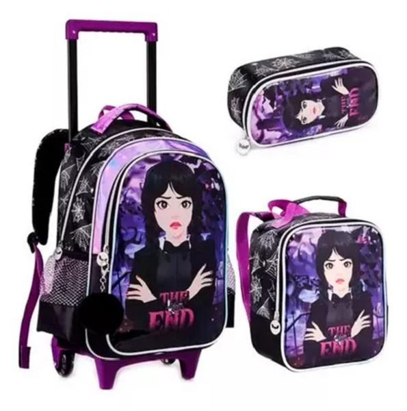 Imagem de Kit Mochila De Rodinha Infantil Feminina Escolar Wandinha