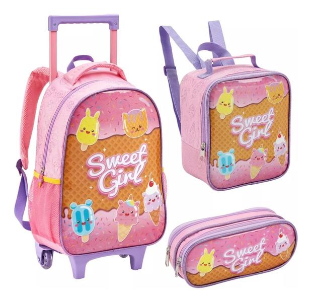 Imagem de Kit Mochila De Rodinha Infantil Meninas Escolar Sorvete G