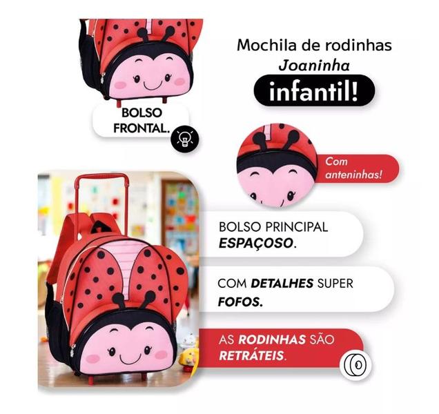 Imagem de Kit Mochila De Rodinha + Lancheira Infantil Clio Pets Escola Joaninha