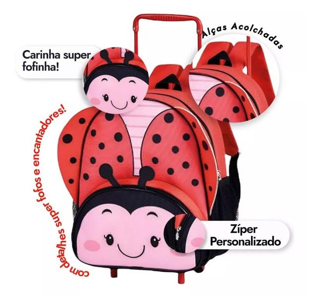 Imagem de Kit Mochila De Rodinha + Lancheira Infantil Clio Pets Escola Joaninha