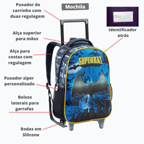 Imagem de Kit Mochila de Rodinha Menino Superbat Herói Morcego Resistente Com Lancheira e Estojo