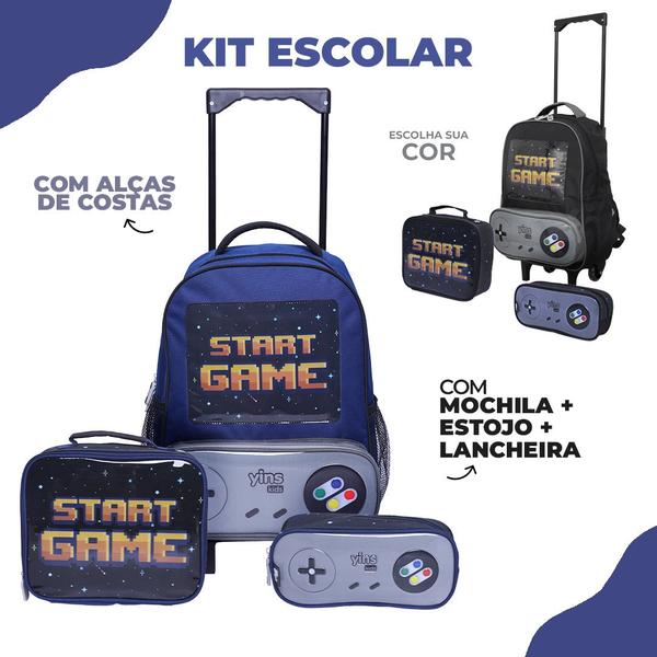 Imagem de Kit Mochila de Rodinhas C/ Alças de Costas + Lancheira + Estojo Gamer Escolar Infantil