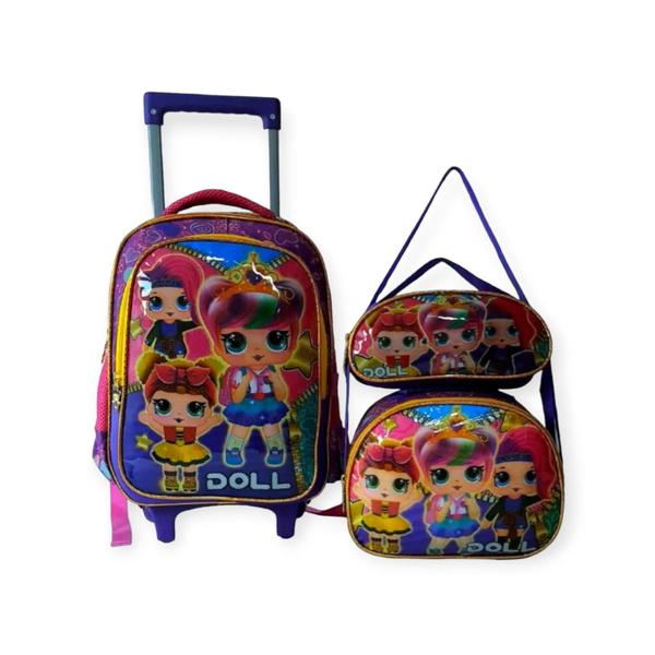 Imagem de Kit Mochila De Rodinhas Escolar Menina Doll Reforçada