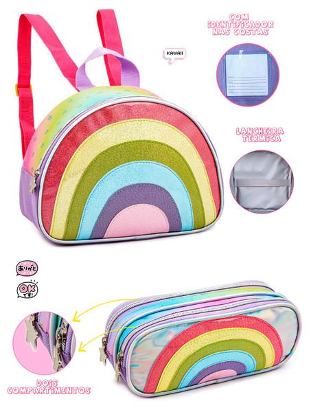 Imagem de Kit Mochila de Rodinhas Infantil Escolar Arco Íris Glitter