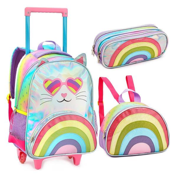 Imagem de Kit Mochila De Rodinhas Infantil Escolar Arco Íris Glitter