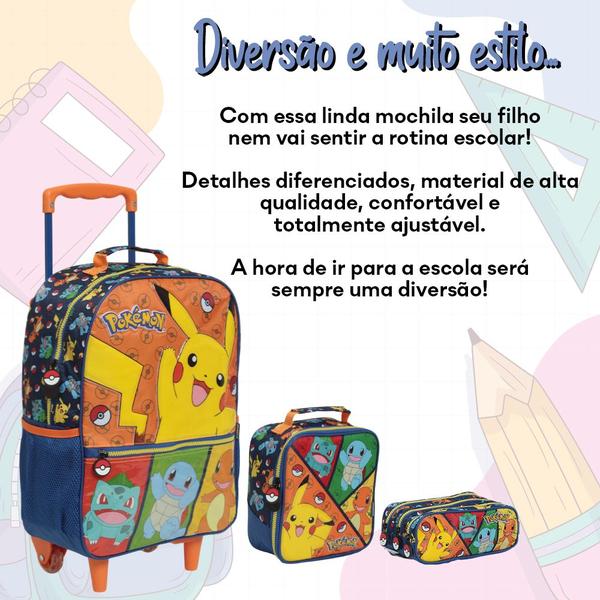 Imagem de Kit Mochila De Rodinhas Pokémon Azul Bolsa Escolar Grande