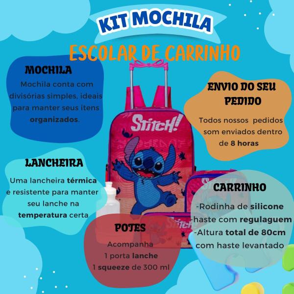 Imagem de Kit Mochila De Stitch Infantil Menina Com Rodinha Tamanho G Reforçado e Lancheira Termica