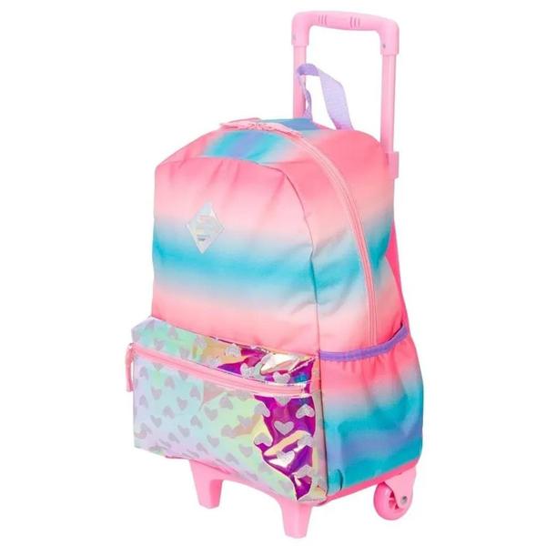 Imagem de Kit Mochila Escolar Arco Íris Infantil Juvenil Rodinhas Tam G Com Estojo Duplo