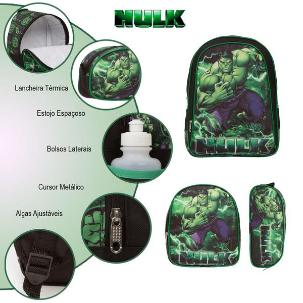 Imagem de Kit Mochila Escolar de Costas Incrível Hulk Herói Passeio