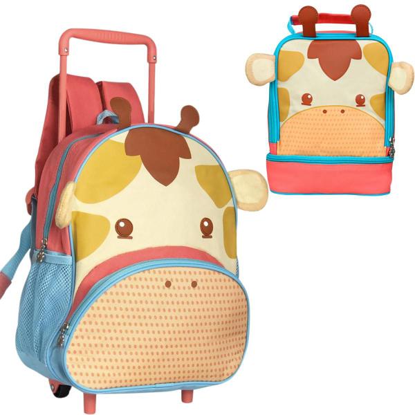 Imagem de Kit Mochila Escolar de Rodinhas com alça Infantil Meninas Meninos + Lancheira Bolsa Termica Tema de Bichinhos Pets Zoo