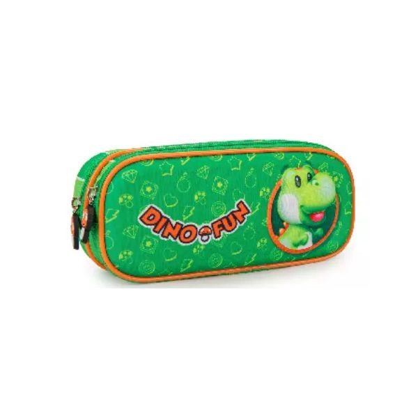 Imagem de Kit Mochila Escolar Dino Fun 3D Costas Infantil Alças Tam M Lancheira Estojo Duplo