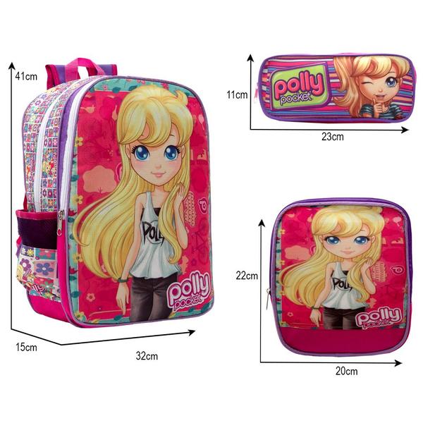 Imagem de Kit Mochila Escolar Feminina Lancheira Estojo Polly Pocket