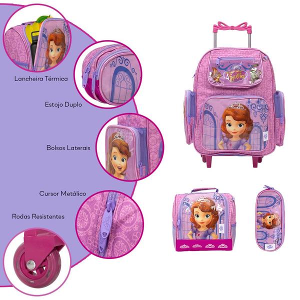 Imagem de Kit Mochila Escolar Feminina Rodinhas Princesa Sofia Passeio