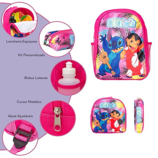 Imagem de Kit Mochila Escolar Feminina Stitch Costas Creche Tam G