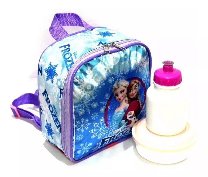 Imagem de Kit Mochila Escolar Frozen Ana & Elsa Rodinhas G + Lancheira