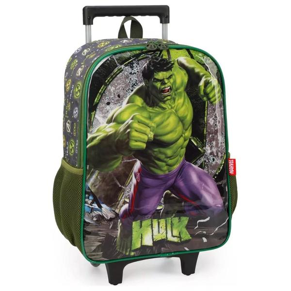 Imagem de Kit Mochila Escolar Hulk Marvel Verde Rodinha Infantil Tam G