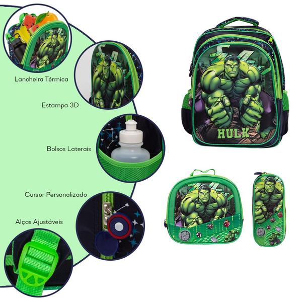 Imagem de Kit Mochila Escolar Infantil 3d Hulk De Costas