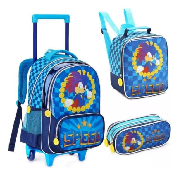 Imagem de Kit Mochila Escolar Infantil Carrinho Rodinhas Personagens