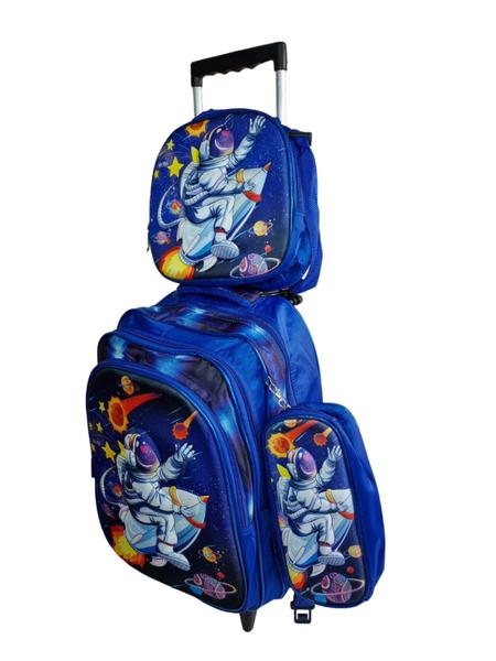 Imagem de Kit Mochila Escolar Infantil de Rodinhas 3d Menino Bolsa Resistente Impermeável Com Lancheira e Estojo