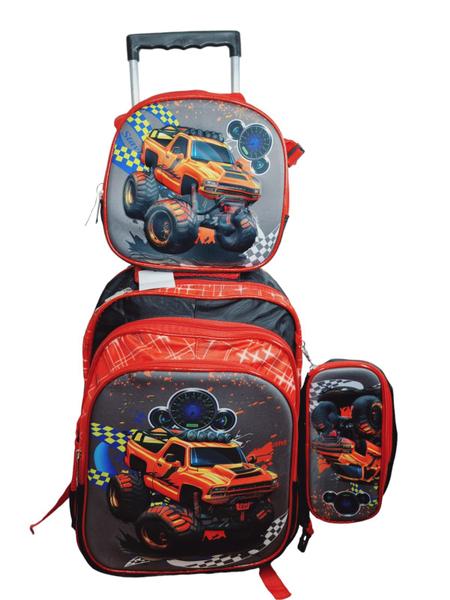 Imagem de Kit Mochila Escolar Infantil de Rodinhas 3d Menino Bolsa Resistente Impermeável Com Lancheira e Estojo