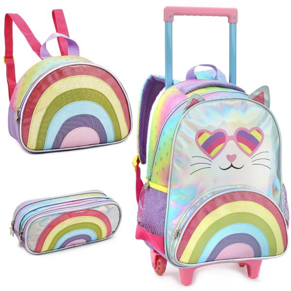 Imagem de Kit Mochila Escolar Infantil menina nova gatinha puxador Com Rodinhas