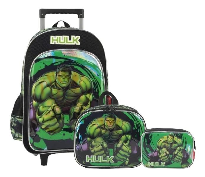 Imagem de Kit Mochila Escolar Infantil Meninos Hulk Marvel Rodinhas G