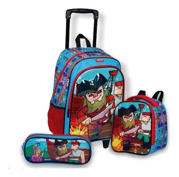 Imagem de Kit Mochila Escolar Infantil Meninos Piratas Rodinhas G