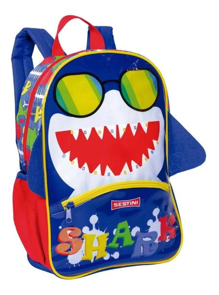 Imagem de Kit Mochila Escolar Infantil Meninos Tubarão Shark Costas M