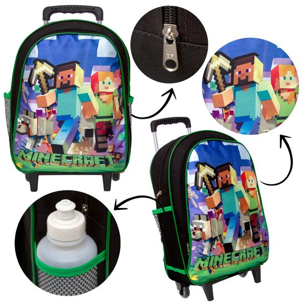 Imagem de Kit Mochila Escolar Infantil Minecraft Jogo Grande Rodinhas