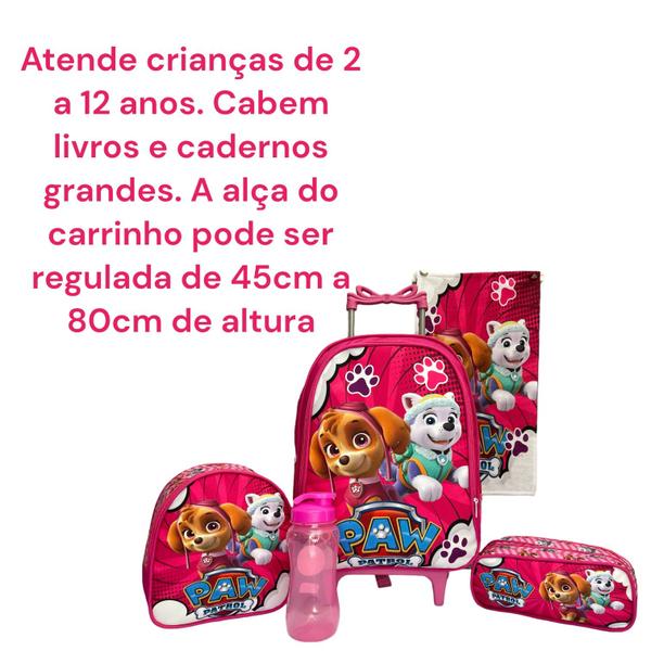 Imagem de Kit Mochila Escolar Infantil Patrulha Canina Rodinha Lancheira Témica Estojo Duplo Toalha e Garrafinha