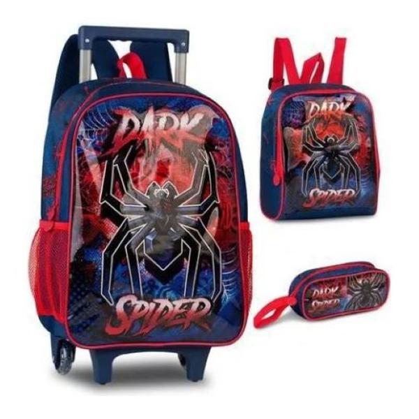 Imagem de Kit Mochila Escolar Infantil Rodinha Menino Dark Spider3  cOM KIT LÁPIS