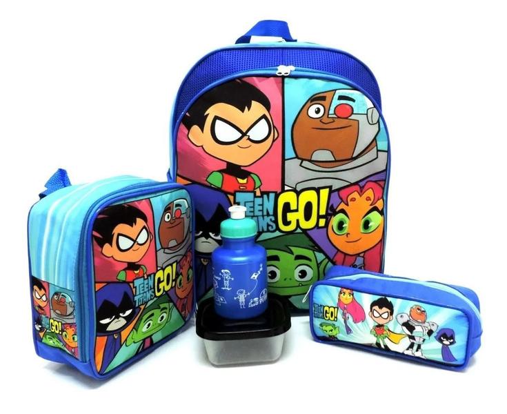 Imagem de Kit Mochila Escolar Infantil Teen Jovens Titans Costas M F5