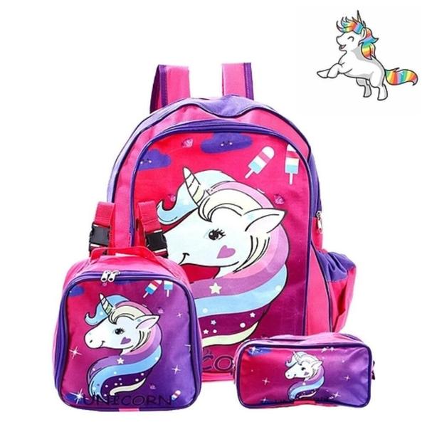 Imagem de Kit Mochila Escolar Infantil Unicórnio De Costas