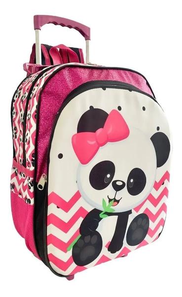 Imagem de Kit Mochila Escolar Infantil Urso Panda Glitter Rodinha G F5