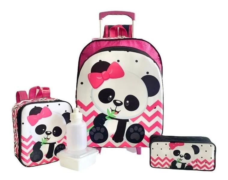 Imagem de Kit Mochila Escolar Infantil Urso Panda Glitter Rodinha G F5