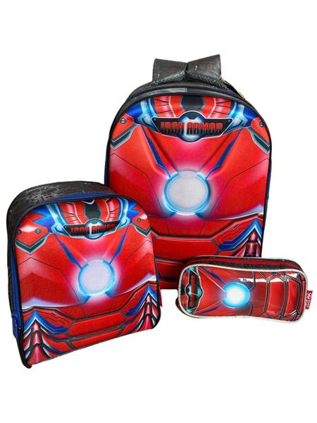 Imagem de Kit Mochila Escolar Iron Armor Infantil Costas 3d G Meninos