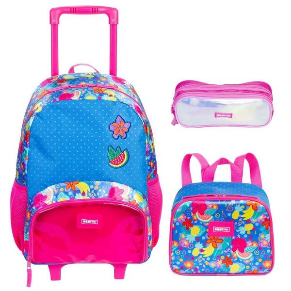 Imagem de Kit Mochila Escolar Juvenil Floral Plus Infantil Rodinhas G