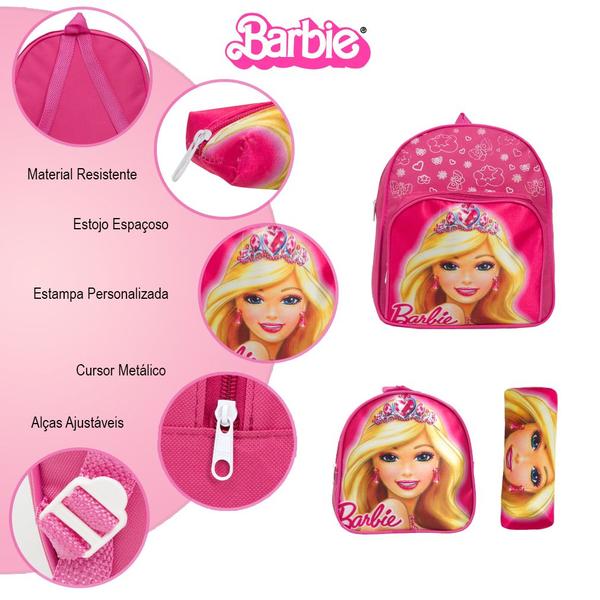 Imagem de Kit Mochila Escolar Menina Barbie Passeio Alça Costas Rosa