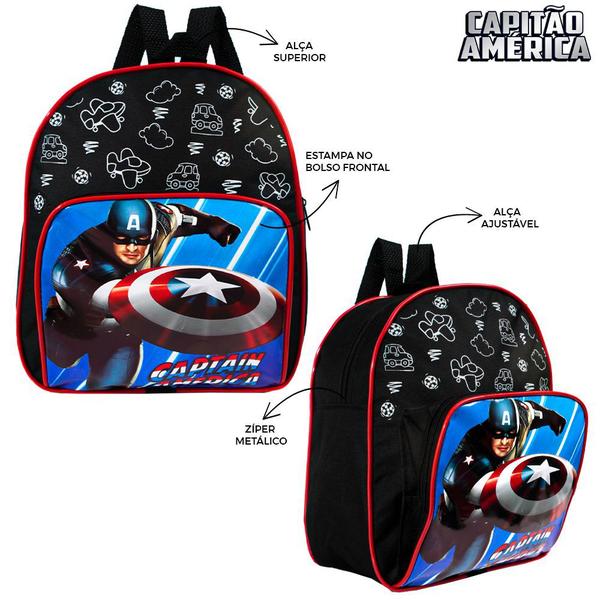 Imagem de Kit Mochila Escolar Pequena Marvel Capitão América Costas