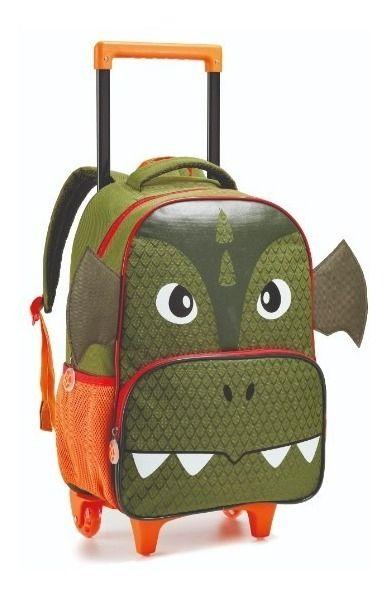 Imagem de Kit Mochila Escolar Rodinha Infantil Dragão Verde Resistente